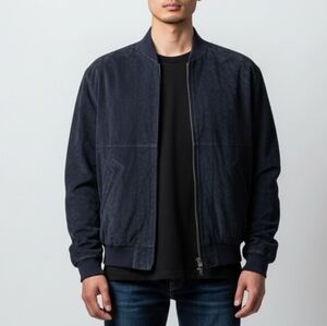 Men's Navy Suede Bomber Jacket with Zip Front
